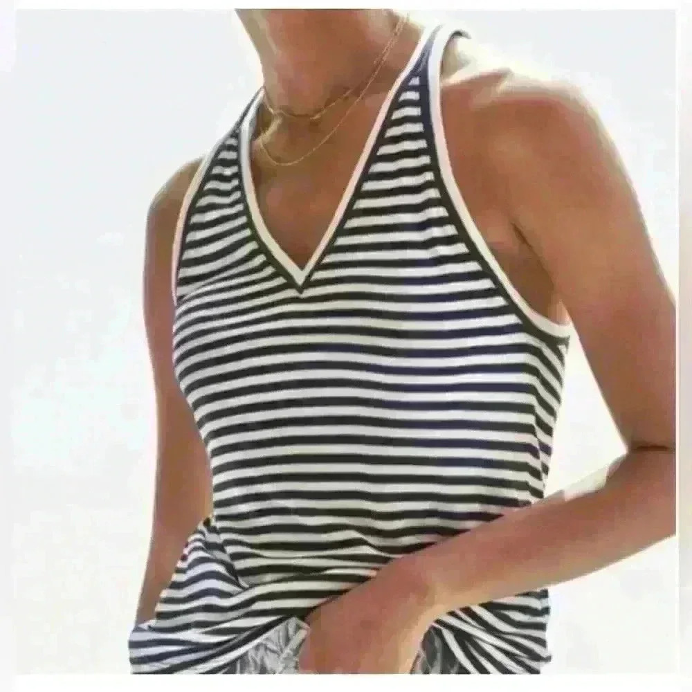 Anthropologie Maeve Knit V-Neck Racerback Striped Navy Tank Top Size small